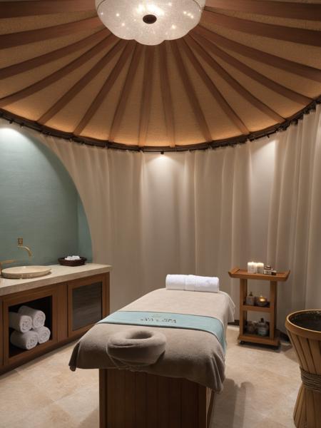 <lora:JJsSpa_XL:1>, ((spa treatment room)) , ((best quality)),((masterpiece)),((realistic)), indoors,  chair, table, photorealistic, authentic, indoor scenery,  highly detailed,  wood, ceiling light, towel, curtains, glass, lamp,