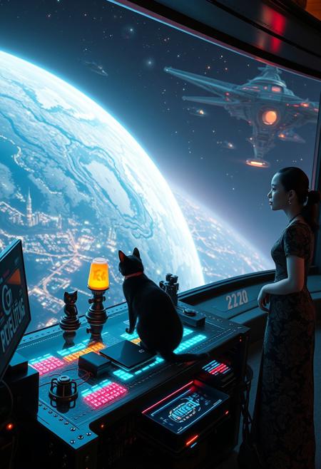 A sleek black cat with a red collar sits atop a cluttered, riveted metal desk with a transparent top, revealing glowing micro-LED-lit computer components beneath. A maneki-neko statue and a softly pulsing lava lamp rest beside it. The cat gazes out through a seamless, floor-to-ceiling futuristic window at a breathtaking planet seen from low orbit, its surface illuminated by the sprawling lights of colossal cities and towering megastructures.
Beside the desk, a beautiful 24-year-old woman stands, her gaze distant and longing as she looks into the vastness of space. She wears an ornate, elegant Chinese-style dress, its intricate patterns shimmering subtly in the ambient glow. Her hair is elegantly tied up with a ribbon, adding to her graceful presence. In the distance, an enormous deco-cyberpunk starship, adorned with futuristic neon lighting, drifts through the stars. Nearby, a massive space station looms, its Art Deco Cyberpunk architecture exuding grandeur and mystery.
A dynamic perspective enhances the scale, making the viewer feel immersed in this epic cyberpunk vision, evoking a profound sense of wonder and awe.