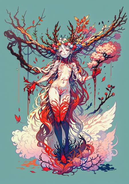 Ibuki Suika,full body,simple background,(broken face:1.2),((black and red)),growth,leaf,tree branch on head,branch, fractal,DNA,spiral,butterfly,branch arm,branch legs