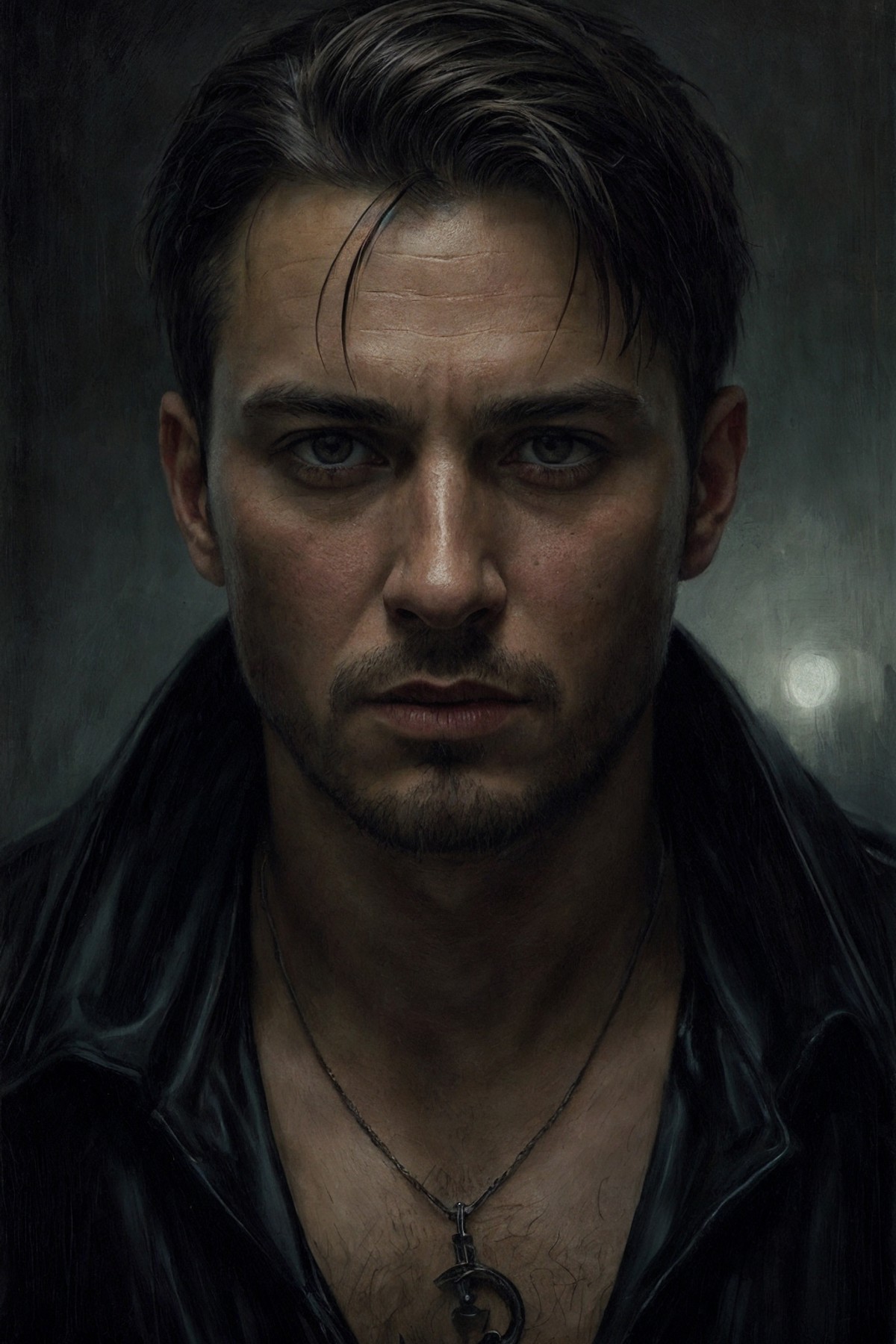 oil painting of man, portrait, dark shot, dramatic, extremely detailed, intricate, by Greg Rutkowski
