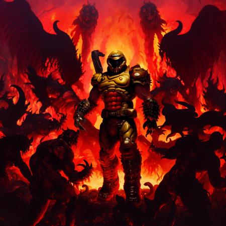 best quality, highres, absurdres, accurate, fire in background, hell,  surrounded by demons, shooting demon from above corpses, solo, full body, standing, 1boy, blood splatter, armor, boots, helmet, muscular, slayer,   <lora:doomslayer2:1>