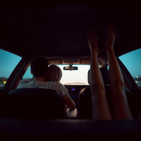 front view of car at drive-in movie, screen lighting dimly the front seat, where a 18yo couple have their heads leaning together, his arm around her shoulders, and the back seat where a woman's bare legs are sticking up in the air.