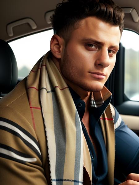 highres, detailed, male focus, looking at viewer, mjf, burberry scarf, car interior, holding steering wheel <lora:mjf-05:1>