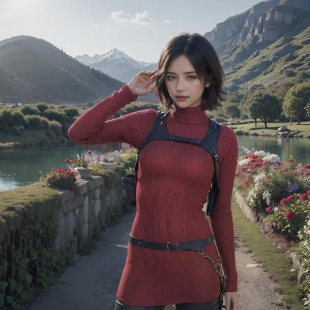 <lora:adawongV2:0.7>,Ada_re4, (standing:1.4),(beautiful face:1.5), 1girl,black hair, short hair, red sweater, belt, black thigh boots,  ((upper body)),(realistic:1.7),((best quality)),absurdres,(ultra high res),(photorealistic:1.6),photorealistic,octane render,(hyperrealistic:1.2), (photorealistic face:1.2), (8k), (4k), (Masterpiece),(realistic skin texture), (illustration, cinematic lighting,wallpaper),( beautiful eyes:1.2),((((perfect face)))),(cute),(standing),((looking at viewer)),(dynamic pose:1.3), outdoors, houses, flowers paths, mountains, lake, dock,