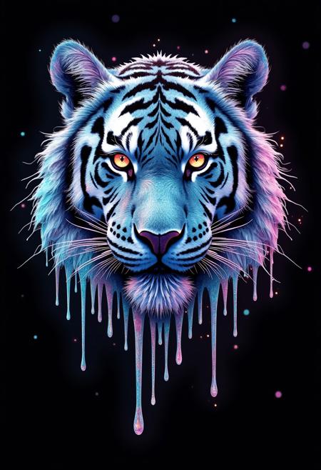 A captivating holographic illustration of a tiger face, shimmering with iridescent sparkles in a liquid drip style. Set against a stark black background. The holographic effect creates a sense of depth and dimension, with the tiger face appearing to be floating in space. The overall design exudes a futuristic, otherworldly atmosphere.