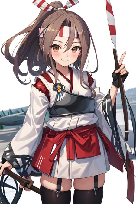 best quality, masterpiece, highres, solo, {zuihou_kantaicollection:1.15}, long_hair, brown_eyes, ponytail, brown_hair, headband, hachimaki, high_ponytail, smile, blush, 1girl, bow_\(weapon\), gloves, hair_ribbon, japanese_clothes, looking_at_viewer, muneate, partially_fingerless_gloves, ribbon, yugake, aircraft, airplane, weapon, white_background