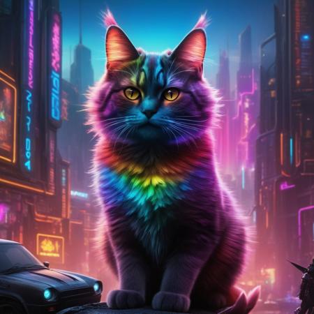 score_9, score_8_up, score_8, Masterpiece, High Details, HD, 8K, Photorealistic, perfect, High Quality, (android:1.5), metallic, futuristic, neon, cyberpunk background, city, buildings, technology,A flying Rainbow colored fairy with the face of a cat. Within a magic World