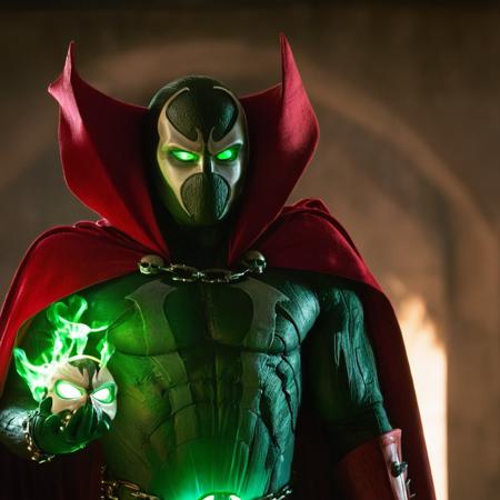 cinematic film still of  <lora:Spawn v2:1>
living symbiotic costume, red cape, mask, green eyes, glowing eyes, creature, Spawn a man in a green mask with chains around his neck,solo,looking at viewer,1boy,green eyes,upper body,male focus,cape,mask,glowing,chain,glowing eyes,skull,superhero, shallow depth of field, vignette, highly detailed, high budget, bokeh, cinemascope, moody, epic, gorgeous, film grain, grainy