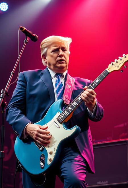 extremely photorealistic ultra-detailed, An intense, photorealistic photography  the president Trump while play an electric guitar on the stage, he is a very special performer.