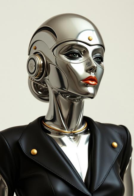 avant-garde woman made from metal , steel and chrome, 1970s , gold trim