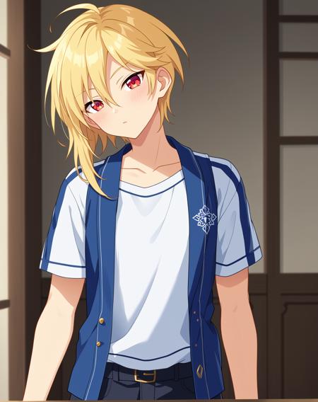 nito_nazuna_pony, blonde hair, red eyes, medium hair, hair between eyes,