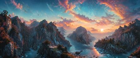 Best quality, masterpiece, Epic, cover-art, Mystical Nightscape, star-studded sky, glowing planets, pastel hues, cascading moonlight, towering cliffs, ethereal trees, wispy clouds, distant horizon, fiery sunset.