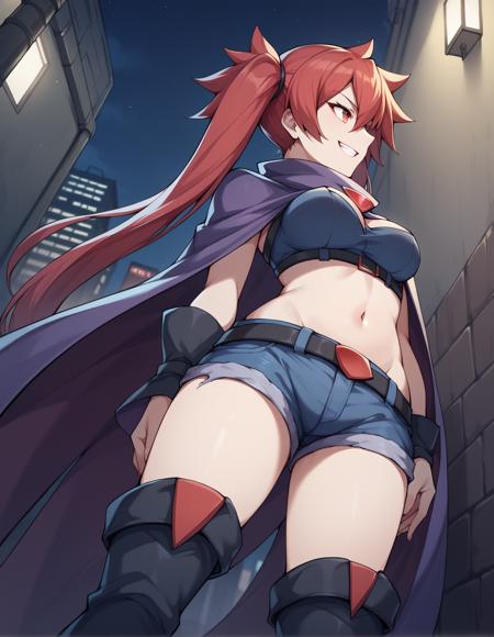 scharlachrot, long hair, red hair, twintails, red eyes 1girl, cape, dress, navel, detached sleeves, belt, denim shorts, boots torn shorts