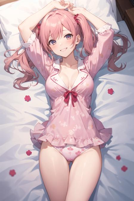 1girl, cowboy shot, on back, from above, on bed, pink pyjamas, twintails, smile