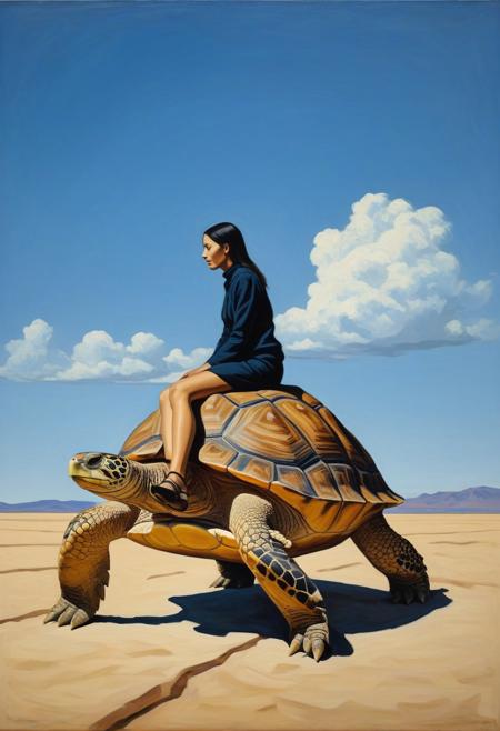 a woman riding on a turtle, looking under, tribal cloth, blue sky, abstract art, desert, full body,
deep shadows enhancing mysterious atmosphere,  dim light, (oil painting:1.5), (by rene magritte :0.9), (by Paul Cezanne:0.7), (by Francisco Jose de Goya:0.7), directional lighting, masterpiece, perfect composition, abstract glitch, long shot, from side,