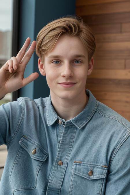 young man, <lora:L0u1sHfmn:1>, looking at viewer, blue shirt, peace sign,3/4