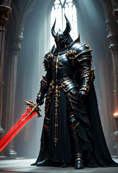 A dark and imposing figure stands in a majestic and dimly lit cathedral. The figure is clad in elaborate black Gothic armor adorned with gold-plated crosses and chains, holding a large sword in his hand (A red and black double-bladed sword with an ominous aura), giving off a religious yet sinister impression. His helmet is tall, almost bishop-like, with a faceless visor that does not reflect light, adding to the air of mystery. The figure holds a menacing staff, with a design of a spiked circular cross on top, which looks both ceremonial and like a weapon. The details of his armor include ornate carvings and mechanical components, blending medieval design with a futuristic, almost steampunk aesthetic. The atmosphere is solemn, with the dim, ethereal light from the cathedral's tall windows casting a cold glow on the dark figures, emphasizing the contrast between the shadows and the metallic details. <lora:Magic_of_Art_(FLUX).safetensors:1.0>, <lora:BeautyInEvilFlux.safetensors:0.75>,