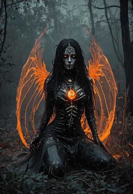 Eclipsed Phoenix, A dark fantasy steampunk specter kneels in sorrow in a misty, overgrown forest. She has skeletal, ember-glowing wings and long black hair streaked with glowing orange, flowing in ghostly wind. Her charred, semi-transparent outfit is layered with flickering ember-veils. Scattered behind her, faded wildflowers float like lost memories. Gothic calligraphy glows in holographic ink on aged parchment in the background. The scene is moody and cinematic, with deep shadows, soft rain, and high contrast. Styled like a retro-futuristic steampunk noir poster with textured, inky brushstrokes and iridescent highlights.