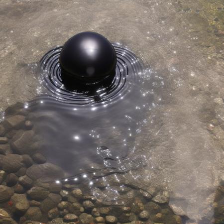 Digital photo of a (floating black sphere) in the middle of a creek in the Sierra Nevada mountains