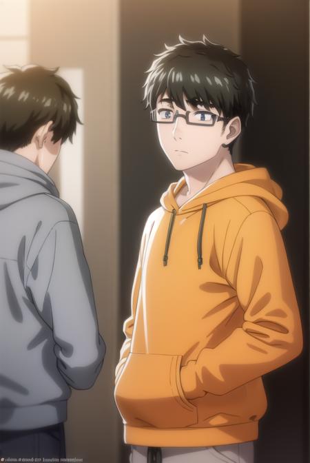 koikimomasuda, <lora:koikimo masuda s1-lora-nochekaiser:1>,
masuda, short hair, black hair, male focus, glasses, black-framed eyewear, (black eyes:1.5),
BREAK socks, pants, hood, hoodie, hood down, grey pants, grey socks, orange hoodie,
BREAK indoors,
BREAK looking at viewer, (cowboy shot:1.5),
BREAK <lyco:GoodHands-beta2:1>, (masterpiece:1.2), best quality, high resolution, unity 8k wallpaper, (illustration:0.8), (beautiful detailed eyes:1.6), extremely detailed face, perfect lighting, extremely detailed CG, (perfect hands, perfect anatomy),