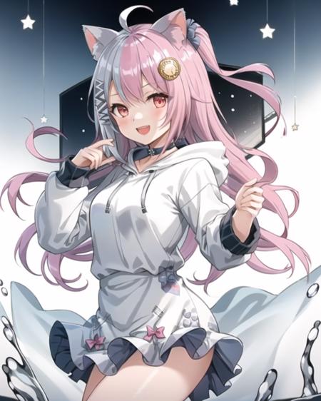 best quality,highly detailed,masterpiece,ultra-detailed,solo,1girl,(white background:1.5),(Delicate eyes),1girl, pom_pom_\(clothes\), hood, animal_ears, clock,black hoodie, open_mouth, long_hair, virtual_youtuber, hair_ornament, tail, smile, ahoge, hood_down, pink_hair, cat_tail, cat_ears, looking_at_viewer