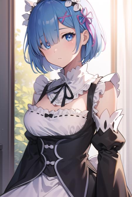 rezerorem, <lora:remtest:1>, rem, blue eyes, blue hair, hair ornament, hair over one eye, hair ribbon, short hair, x hair ornament,
BREAK apron, black ribbon, black skirt, black sleeves, detached collar, detached sleeves, flower, frilled apron, frilled skirt, frills, head wreath, long sleeves, maid, miniskirt, neck ribbon, purple ribbon, ribbon, ribbon trim, ribbon-trimmed sleeves, roswaal mansion maid uniform, short hair, skirt, thighhighs, waist apron, white apron, white thighhighs,
BREAK outdoors, city,
BREAK looking at viewer, 
BREAK <lora:GoodHands-vanilla:1>, (masterpiece:1.2), best quality, high resolution, unity 8k wallpaper, (illustration:0.8), (beautiful detailed eyes:1.6), extremely detailed face, perfect lighting, extremely detailed CG, (perfect hands, perfect anatomy),