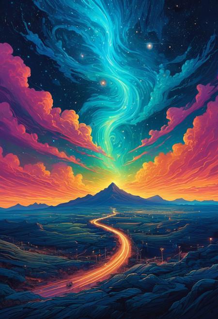 Cape Town in the Van Gogh style, starry sky, Dan Mumford, Andy Kehoe, In a realm beyond mortal comprehension, a being of unyielding curiosity dwells. Half-human, half-machine, its visage splits down the center, revealing a chasm of glowing neon lights that pulse with an otherworldly energy. The subject floats amidst the vast expanse of space, surrounded by swirling clouds of iridescent gas and stars that burn with an ethereal intensity. As the light from the nearby nebula casts an eerie glow, the being's face becomes a canvas for the cosmic ballet. Neon blue hues dance across its features, imbuing the scene with an unearthly beauty,  ethereal sickdark, surreal macabre aesthetics otherworldly beauty  detailed