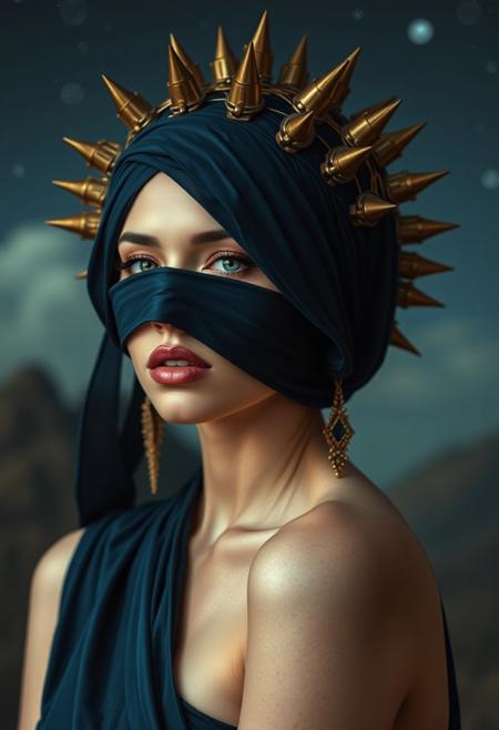 lady in midnight blue veils her face and has a large bronze  spiked crown, in the style of celestial fashion, otherworldly beauty, davide sorrenti, celestial punk, album covers, fra angelico, aykut aydogdu, queen core, golden age aesthetics