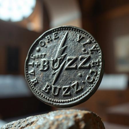 Closeup of a ancient Rome detoriated coin in museum with lightning bolt symbol and text in ancient font saying BUZZ, realistic, masterpiece, dramatic light, depth of field