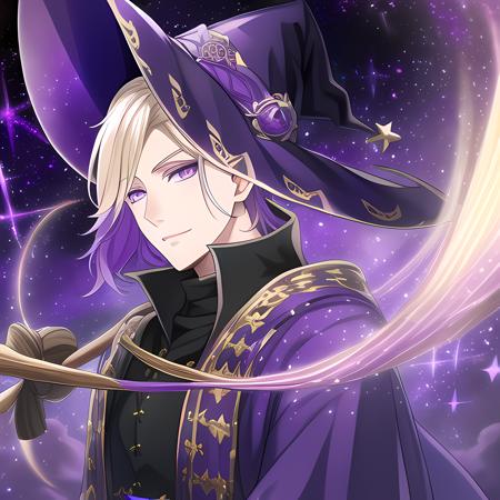 <lora:Vil_Schoenheit:0.8>, 1guy, mage attire, blonde hair, purple eyes, purple highlights, best quality, highres, Vil Schoenheit, soft smile, witch hat, witch costume, flying on a broom, starry night, night background, masterpiece