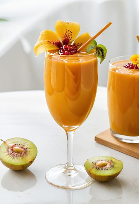 score_9, score_8_up, score_7_up,
(Tropical Caramel Vine Fruit Panna Cotta)
A **refreshing, creamy mango panna cotta**, with vibrant yellow and smooth texture, served in a **clear stemmed glass**. cascading around its sides is a **delicate, translucent amber caramel "vine" structure**, forming intricate, glossy tendrils that beautifully intertwine with **fresh, colorful passion fruit pulp** and sliced kiwi. A **small, vibrant edible flower** adds a pop of color. Beside the glass, a **tall, frosty glass of iced hibiscus tea** with a straw stands. The scene evokes a **lush, sun-drenched tropical resort ambiance**, emphasizing exotic flavors and a vibrant, artful edible presentation. **Ensure straw is in drink, not panna cotta.**
(caramel sauce :
translucent amber caramel, shimmering, crystal-clear, fluid and ethereal, light-infused, glossy surface, delicate viscosity, radiant golden glow, pure clarity, elegantly flowing, like liquidized gemstone, smooth and refined, with subtle luminous reflections.delicate drizzle.partially glazed.adorned with.)
