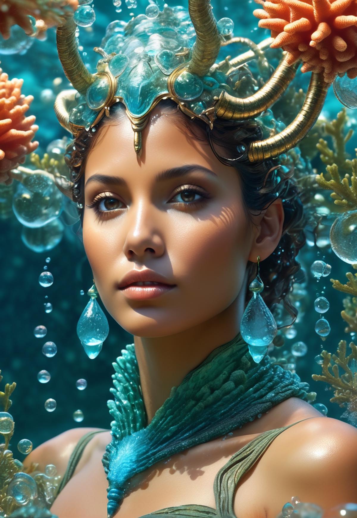 A beautiful woman with blue eyes, wearing a green crown and earrings, surrounded by water droplets and coral.