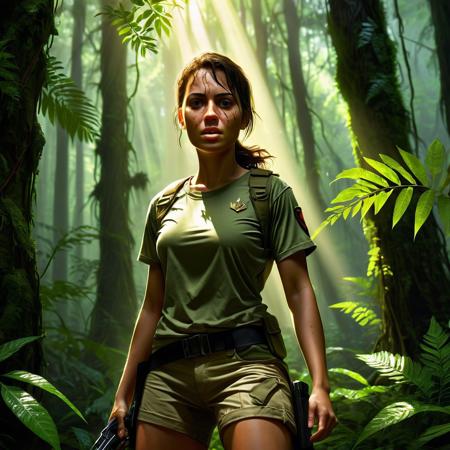 A closeup image of a  young beautiful woman in a rain forest with her face being illuminated by rays of sunlight streaming through small openings in the foliage above her. She is wearing only a tight sweat filled t-shirt,  khaki shorts and military boots, while wielding a machete to cut through the underbrush of the forest.