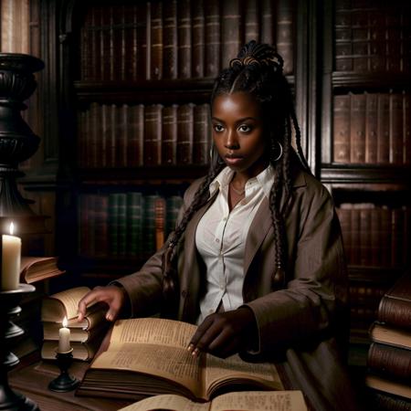 librarian:1.3, <lora:RPGLibrarian:0.8> solo, 1girl, dark skin, dark-skinned female, (looking at viewer), shadow, ((reading)), paper,  lips,  ((book)),  ((dreadlocks)),  earrings, ((white shirt)), ((brown coat)), candle, book stack,  ((library)),  (realistic:1.3), (medieval library:1.1), (professional lighting:1.2)