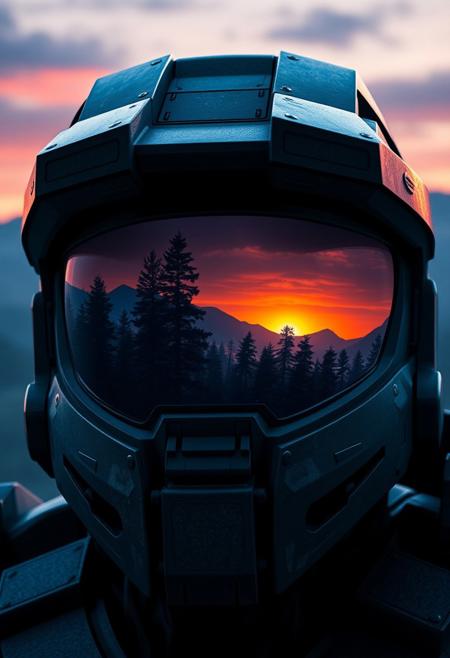 master chiefs helmet from halo, within only the visor is an image of a temperate forest in a mountainous landscape colored with blue hues, silhouetting the helmet is a city with deep color sunset hues
