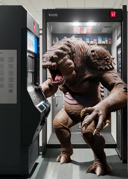 a giant bipedal rancormonster grabbing a vending machine, <lora:rancormonster:0.7>,RAW photo, 8k uhd, dslr, soft lighting, high quality, film grain, Fujifilm XT3