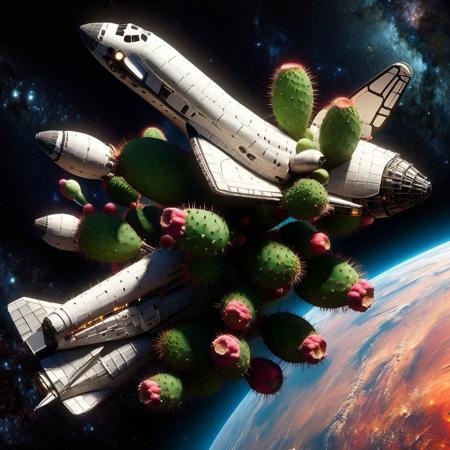 Space shuttle flying through space. prickly pear planets, tech  <lora:Prickly Pear Style v1:1>, Prickly Pear Style,