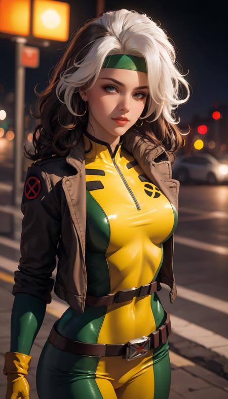 CARTOON_X_MENs_Rogue,ownwaifu,
long hair,breasts,brown hair,green eyes,lipstick,makeup,lips,white hair,two-tone hair,headband,wavy hair,large breasts,messy hair,curly hair,big_hair, 
yellow bodysuit,jacket,gloves,belt,yellow gloves,green bodysuit,bodysuit,multicolored bodysuit,superhero, skin tight,multicolored clothes, 
<lora:CARTOON_X_MEN90s_Rogue-15:0.9>, official art,extremely detailed CG unity 8k wallpaper, perfect lighting,Colorful, Bright_Front_face_Lighting,shiny skin, (masterpiece:1.0),(best_quality:1.0), ultra high res,4K,ultra-detailed, photography, 8K, HDR, highres, (absurdres:1.2), Kodak portra 400, film grain, blurry background, (bokeh:1.2), lens flare, (vibrant_color:1.2),professional photograph, (beautiful_face:1.5),