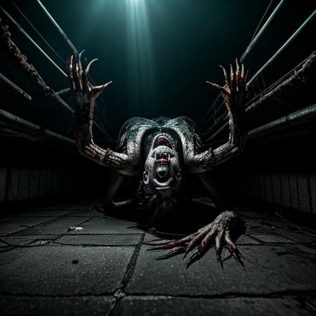 Realistic, horror style, illogical creature with rotten skin, crawling upside down on the roof of a dark basement, with light ray, gore aesthetic, scary, 6 arms, view from the bottom