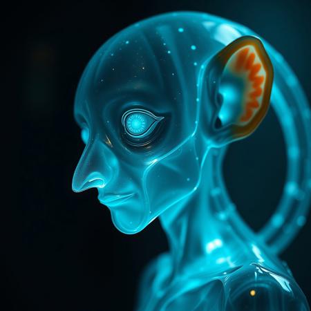 Masterpiece protozoa/humanoid, bioluminescence translucent  body, with no ears and no nose, 32k, 16k, 8k, masterpiece, cinematic art,