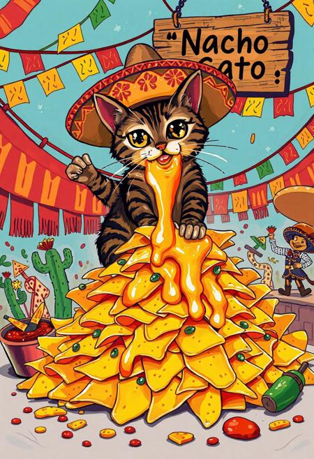 A mischievous tabby cat wearing an oversized, brightly colored sombrero adorned with tiny chili pepper ornaments sits triumphantly atop a towering mountain of cheesy nachos. The chips buckle under neon-orange melted cheese that oozes like lava. The cat, with sparkling anime-style eyes the size of tortillas, swipes a nacho with dramatic flair, flinging cheese onto its whiskers in a gooey mess that stretches cartoonish as it frantically licks it off. Behind the chaos, a vibrant Mexican fiesta bursts to life papel picado streamers flutter in reds, greens, and yellows, while googly-eyed piñatas shaped like cacti and mariachi figures dance and cheer. A hand-painted wooden sign reading “¡Nacho Gato!” swings crookedly above, caught in the festive whirlwind. Scattered below are salsa spills, a runaway jalapeño, and a toppled maraca. Rendered in a vivid Mexican folk-art style with bold outlines and Talavera-inspired patterns, the scene pops with fiery reds, sunny yellows, and deep azules perfectly capturing the wildly whimsical spirit of a feline fiesta gone hilariously off the rails.