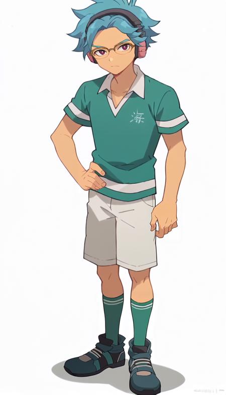 gakuya, glasses, headphones white shorts, green socks green shirt