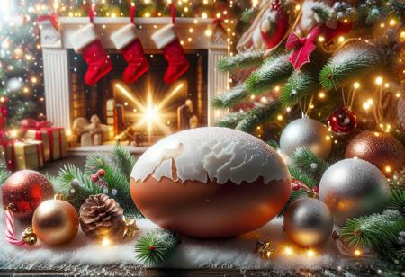 Christmas egg with Christmas tree in the background with Christmas balls and lights