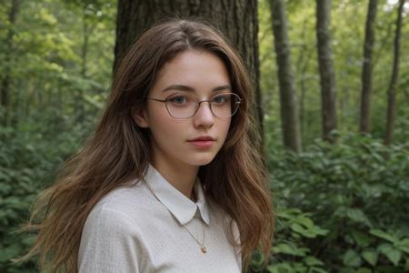 35mm film, one pretty european girl, solo, supermodel, long light brown hair, long wavy hair, pale skin, perfect face, small nose, blue eyes, lips, big tits, nice breasts, necklace, black frame glasses, short blue lace dress with a belt, white heeled shoes, looking at viewer, looking directly at viewer, a breathtaking forest view, offering panoramic views of majestic and sweeping trees, nature light, early spring season, full body view of girl, epiCPhoto, <lora:pytorch_lora_weights:0.5>, <lora:picxer_real:0.7>, <lora:FilmVelvia3:0.3>, <lora:more_details:0.6>