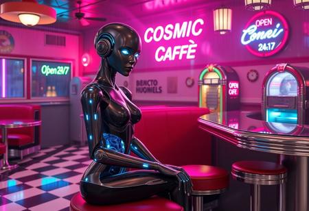 A sleek humanoid android with polished chrome and matte black body panels, glowing blue circuit patterns visible beneath translucent skin sections, sitting at a red vinyl booth in a classic 1950s American diner. The android has an elegant feminine form with articulated joints, LED strip accents along the limbs, and softly glowing cyan eyes. Subtle holographic displays project from forearm panels. Classic diner interior with checkered black and white floor tiles, red vinyl booths and chrome-trimmed stools, curved chrome counter with glass pie cases. Retro jukebox in corner with colorful lights. Vibrant neon lighting casting pink, blue, and purple glows throughout the space. Neon signs on walls reading "COSMIC CAFÉ" and "OPEN 24/7" in retro cursive fonts. Atmospheric haze and light rays cutting through smoky air. Warm tungsten lighting from vintage pendant lamps mixed with cool neon colors. Holographic menu displays floating above tables, digital rain effects on windows, subtle glitch artifacts in reflections, chrome surfaces reflecting neon colors, futuristic modifications to classic diner equipment with LED accents and digital displays. Cyberpunk atmosphere, cinematic composition, dramatic lighting, high contrast, photorealistic rendering, detailed textures, 8K quality, professional photography style, slight film grain, color grading with cyan and magenta tones, retro-futuristic aesthetic.