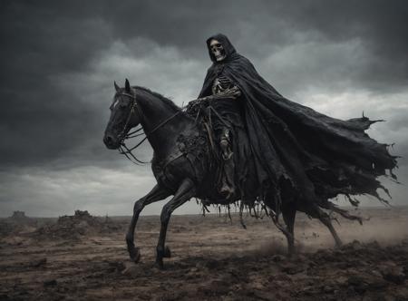 black_horseman,(long cape in the wind:1.6),(tattered_garments:1.5),(skeletal_rider:1.5),(wind:1.2),(bones:1.2),red glowing eyes,apocalypse,famine,bleak_landscape,black sun,gloomy_sky,emaciated_black_horse,scarcity,dry_cracked_ground,skulls on the ground,barrenness,desolation,deprivation,
<lora:add_detail:0.8>,