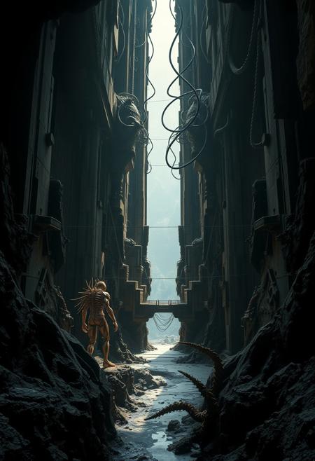 A photograph with contrasting chiaroscuro lighting, surreal and futuristic themes, intricate biomechanical details, abstract architecture, and otherworldly landscapes. Strong contrasts, deep shadows, muted tones, geometric precision, and dystopian aesthetics.