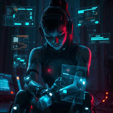 A cyberpunk female operative enhanced with high-tier cyberware, seated in a dimly lit industrial room, head down, arms trembling, visibly drained.
Her eyes glow faintly, projecting fragmented holographic UI panels around her — ghost interfaces from the extranet still flickering mid-air.
Her body shows signs of long-term integration stress: exposed neural links, burnt-out ports, and glitching implants under her synthetic skin.
She’s half-present — lost between the real world and the cyber dimension, digital glitches distorting the air around her.
Her environment reflects her burnout: screens full of static, leaking cables, soft neon reflections off cold metal walls.
Brutally realistic lighting, cinematic shadow play, photorealistic cyberpunk dystopia, emotional tension, detailed textures, 8K ultra-quality.