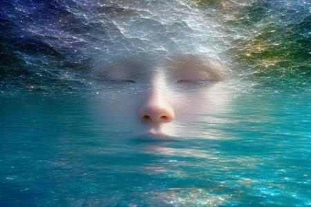 A colossal, androgynous face dissolves into a pristine alpine lake, its rippling silver surface fracturing into kaleidoscopic shards that bloom like liquid stained glass (low-angle view, face occupying 2/3 frame, dwarfed by jagged violet mountains). In the style of Salvador Dalí's dreamscapes fused with Leonid Afremov's impasto vibrancy: iridescent teal waters swirl with peacock blues and molten gold, while dawn's axial light casts prismatic halos through suspended mist. Velvet-textured cherry blossoms float atop mercury-like liquid, their petals mirroring eyelashes. Submerged clock gears glint beneath the surface, warping the reflection's jawline into cascading rubies. Air hums with chromatic aberration, skin tones shifting moss-green to coral where droplets kiss the water.