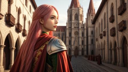 medieval European city,yuukananri,green eyes,close-up of a female knight wearing a red cape,with long pink hair,holding a sword,walking through the city streets,highly detailed red cape with intricate embroidery,close-up shot,upper body view,majestic medieval architecture in the background,gothic style buildings,cobblestone streets,realistic photography style,cinematic look,sunlight casting long shadows,epic atmosphere,intricate stonework on buildings,towering spires,large cathedrals,warm golden light,cape slightly blowing in the wind,historical details on armor,backlit,depth of field,blurred background highlighting ancient architecture,heroic and confident expression,deep depth of field,highly detailed textures,perfect lighting,(masterpiece:2),(best quality:1.1),ultra highres,original,extremely detailed,perfect lighting,<lora:yuukananri-base-01-XL:0.6>,Cinematic Lighting,<lora:detailed_notrigger:1>,<lora:MJ52_v2.0:0.5>,